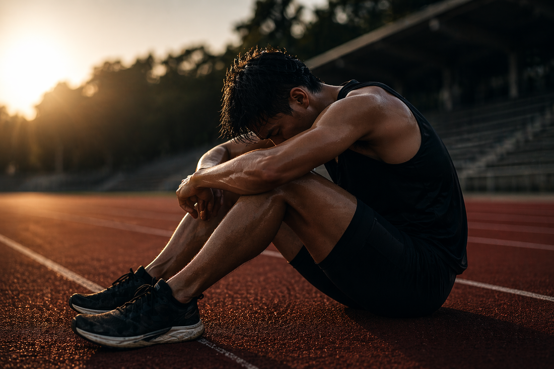レースで実力を発揮できず悩むランナーがトラックで座っている様子